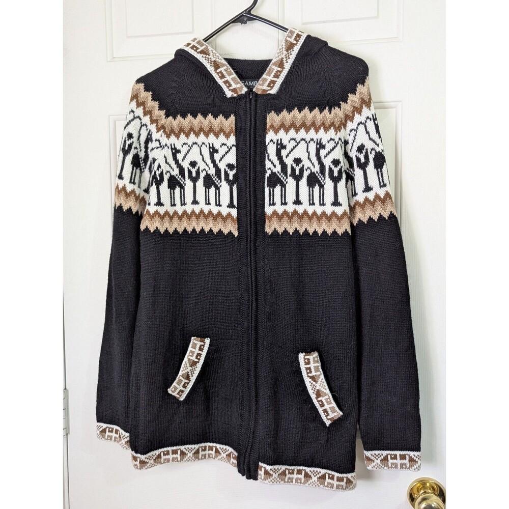 Gamboa Hoodie Sweater Alpaca Wool Womens Medium Black Tan Llama Andino Pocket